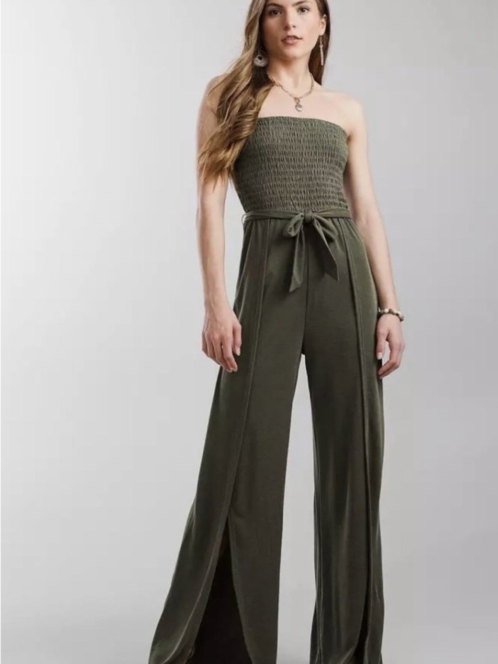 Daytrip Olive Strapless Smocked Belted Jumpsuit